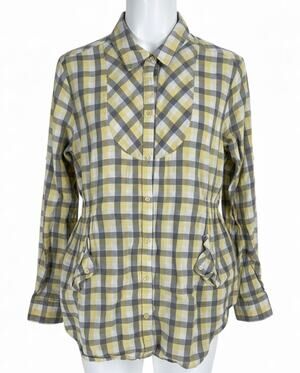 OP Shirt Women XL Yellow Gray Plaid Button Up Shirt Long Sleeve Pockets Cotton